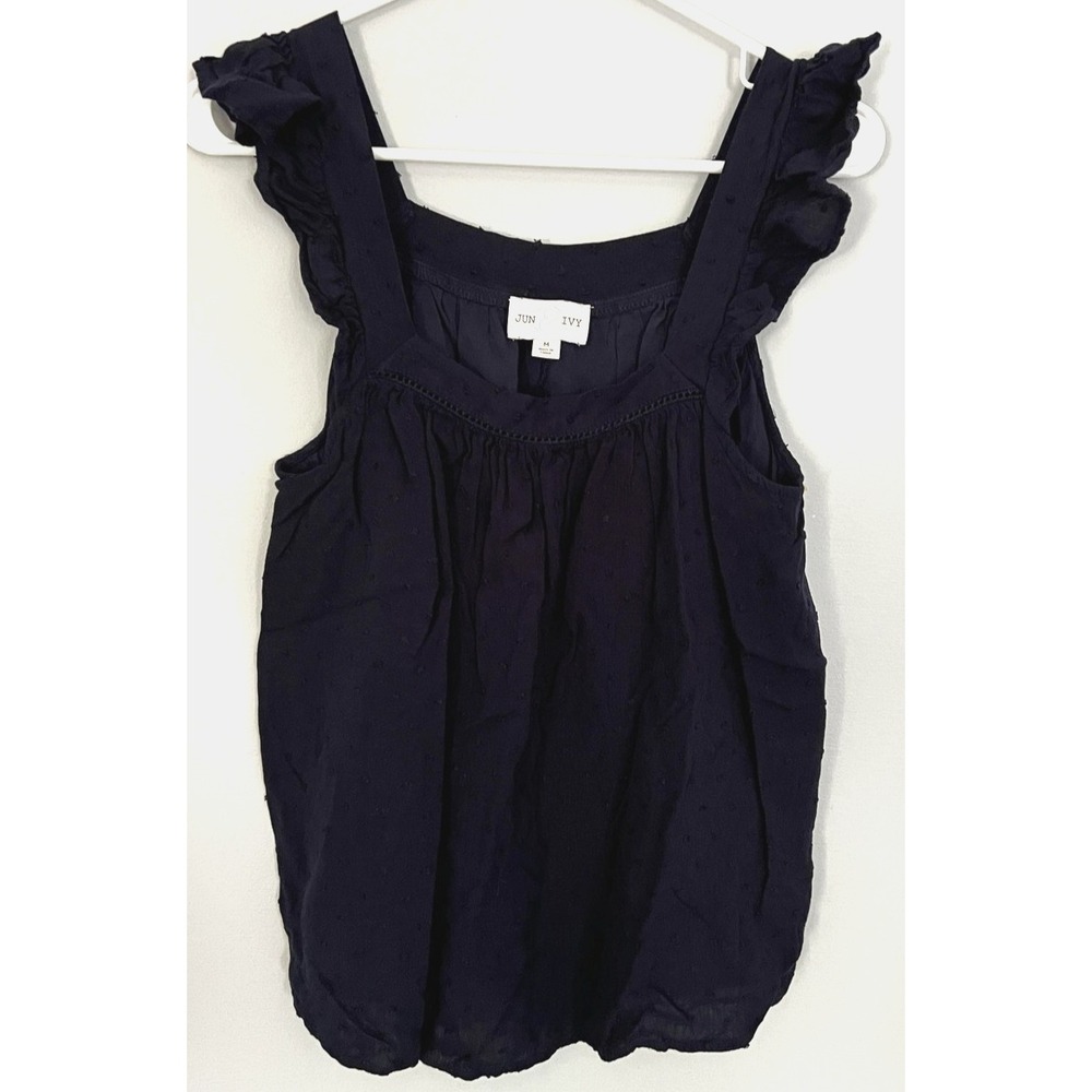 Jun & Ivy Blouse Womens M Navy Blue Ruffle Strap Swiss Dot Lined WS21725